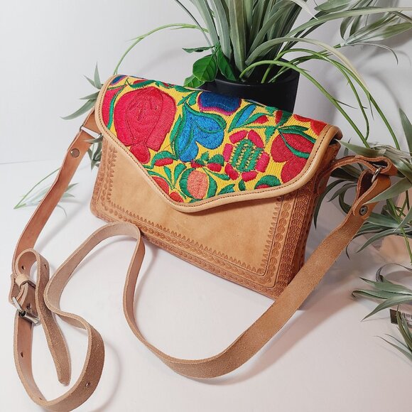 Handbags - Hand Tooled Leather & Embroidered Crossbody Bag | Artisan Made in Mexico